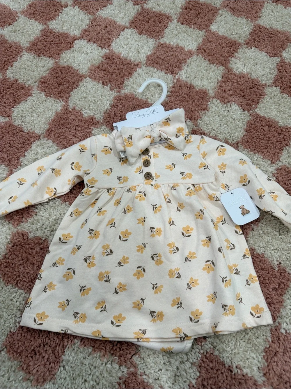 Ruffle Floral Bow-Front Long Sleeve Dress - Cream & Yellow